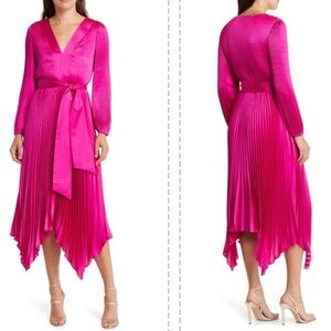 NWOT MILLY Liora Long Sleeve Pleated Satin Bright Pink Midi Dress sz 0